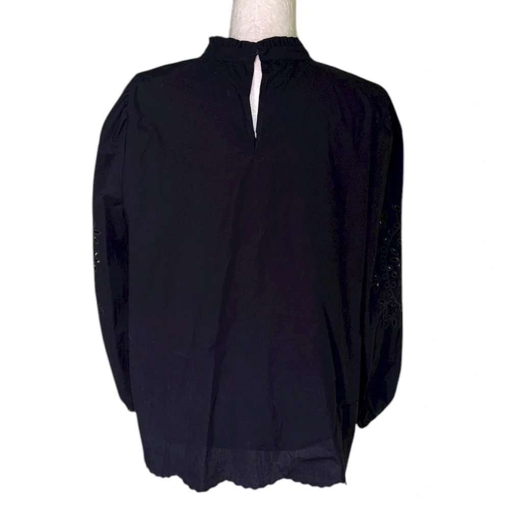 J. Crew Black Embroidered Eyelet Cotton Poplin Ruffle Mockneck Blouse - M